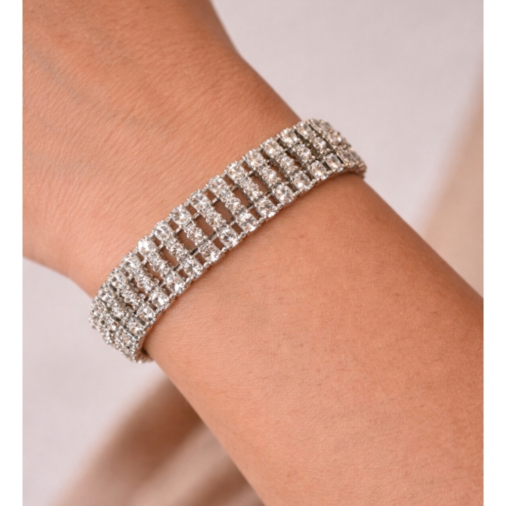 Sparkling Multi-Row Rhinestone Bracelet – Silver Tone Glam Statement Piece